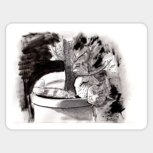 Cat in Flower Pot Expressive Ink Illustration Sticker